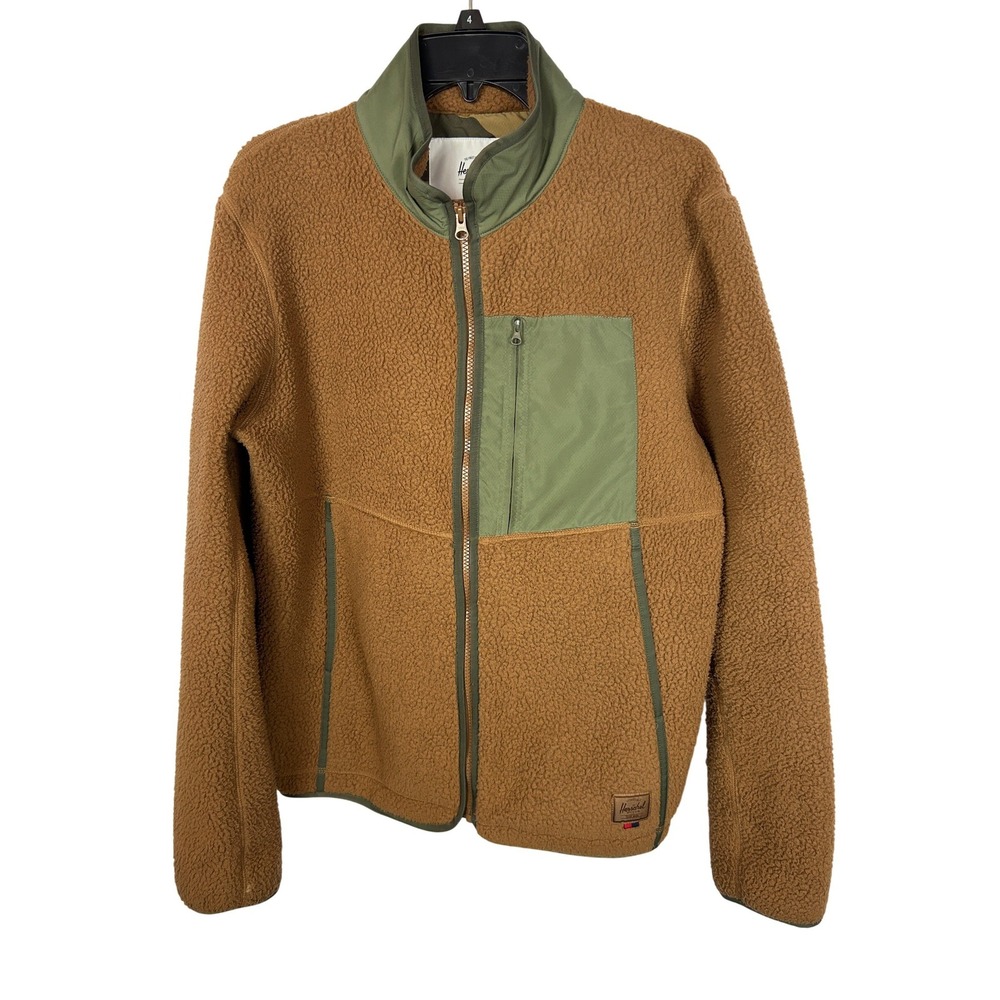 Herschel Supply Sherpa Fleece Full Zip Jacket Brown Olive Gorpcore Mens Medium